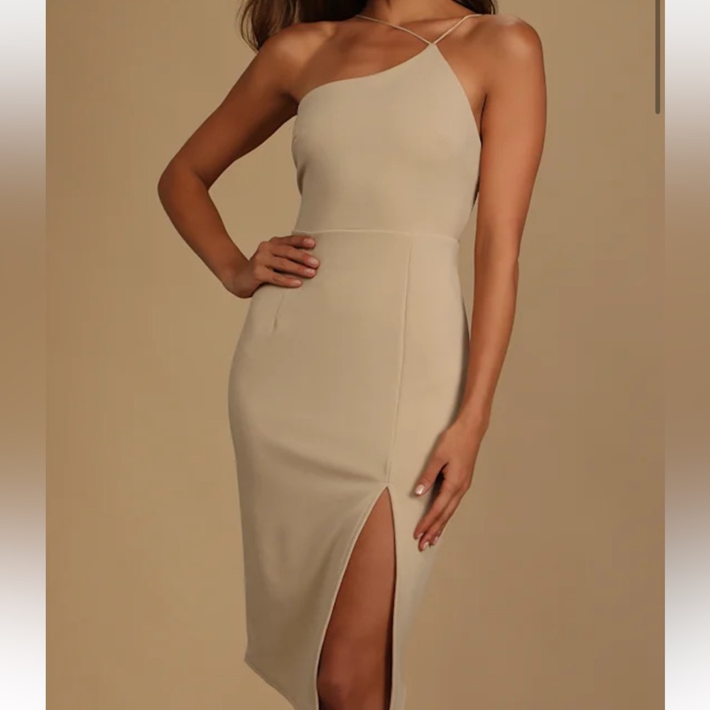 Lulus Happiest Hour Beige Asymmetrical Bodycon Midi Dress— Size Medium